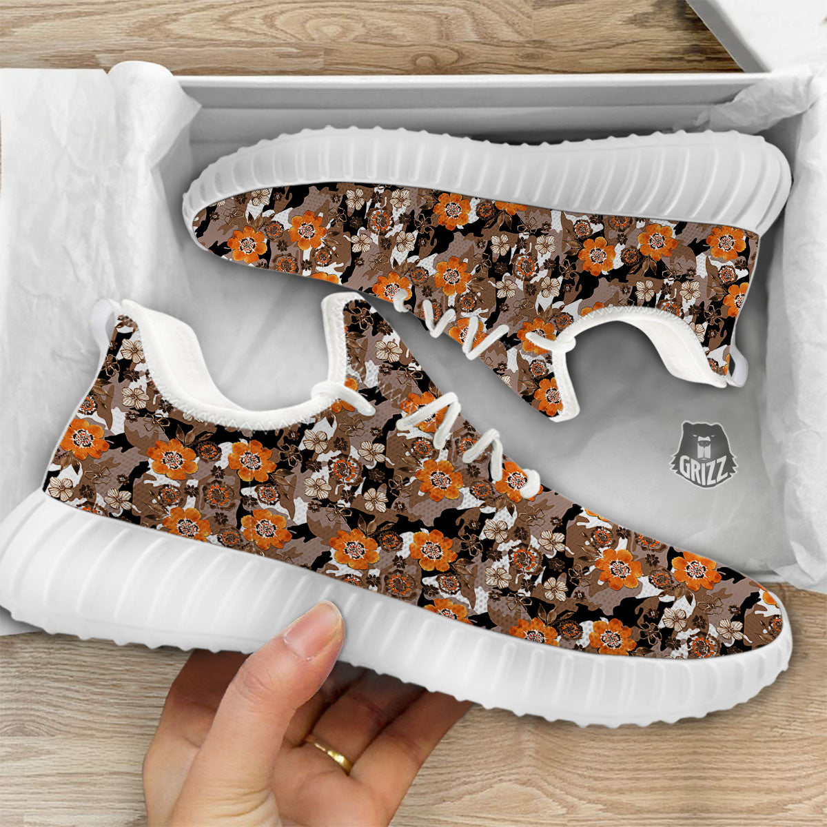 Camo Flower Brown Hawaiian Print Pattern White Walking Shoes-grizzshop