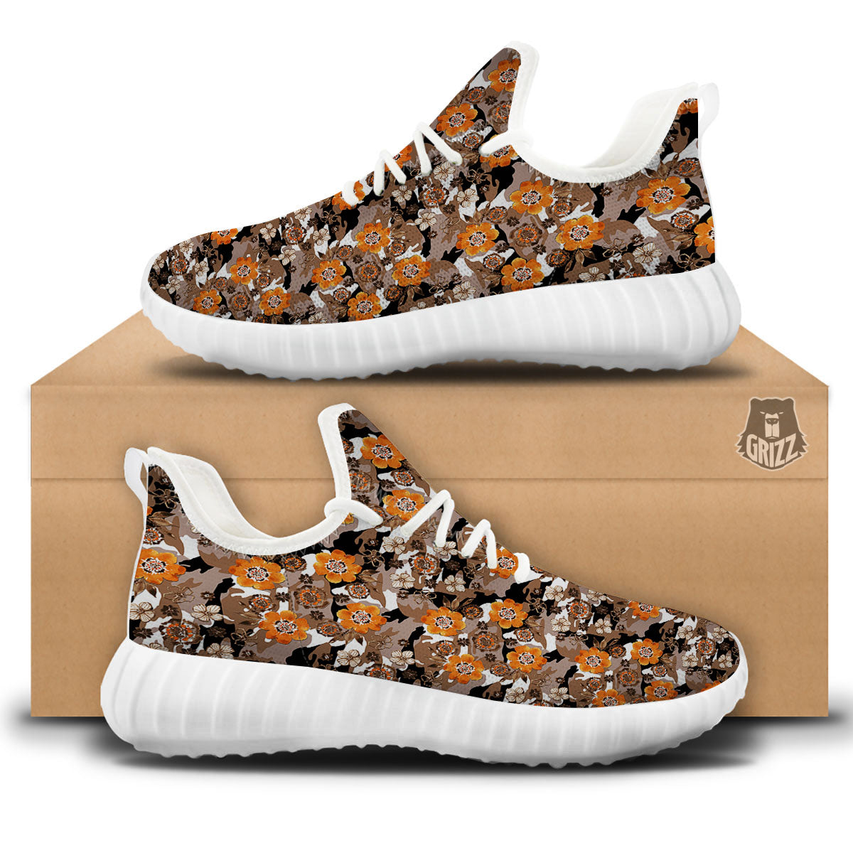 Camo Flower Brown Hawaiian Print Pattern White Walking Shoes-grizzshop