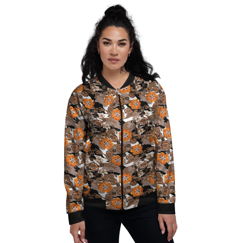 Camo Flower Brown Hawaiian Print Pattern Women's Bomber Jacket-grizzshop