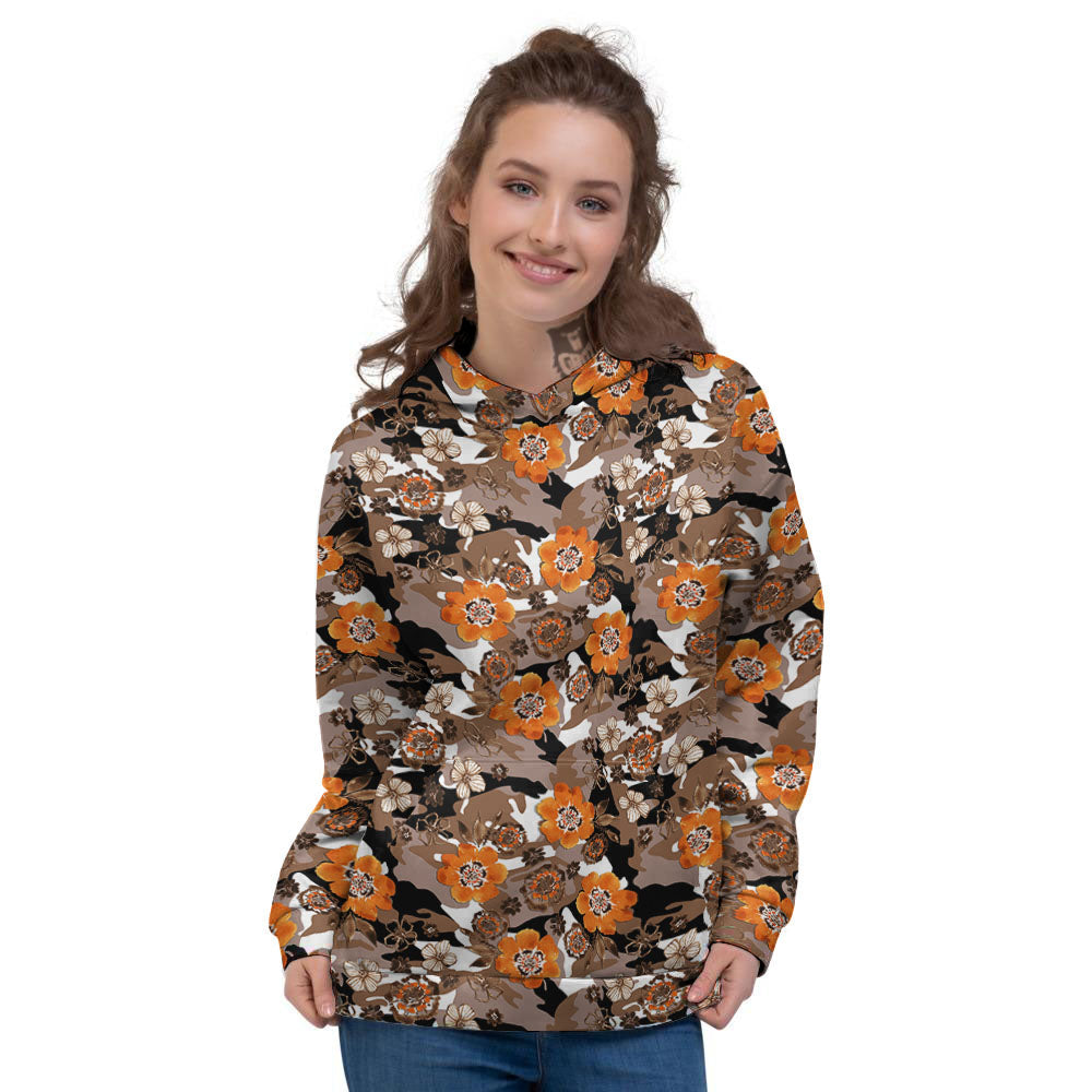 Camo Flower Brown Hawaiian Print Pattern Women's Hoodie-grizzshop