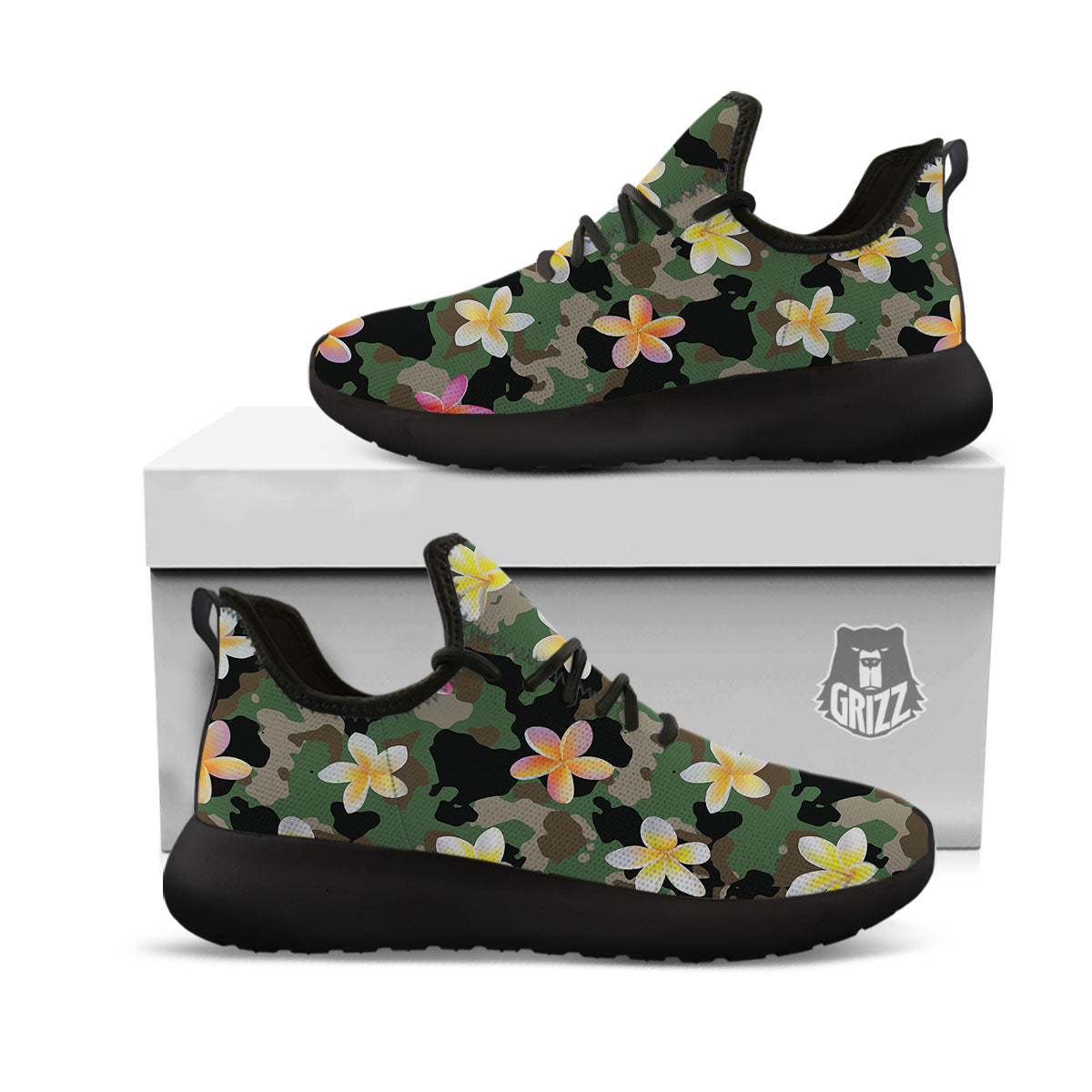 Camo Flower Military Green Print Pattern Black Athletic Shoes-grizzshop