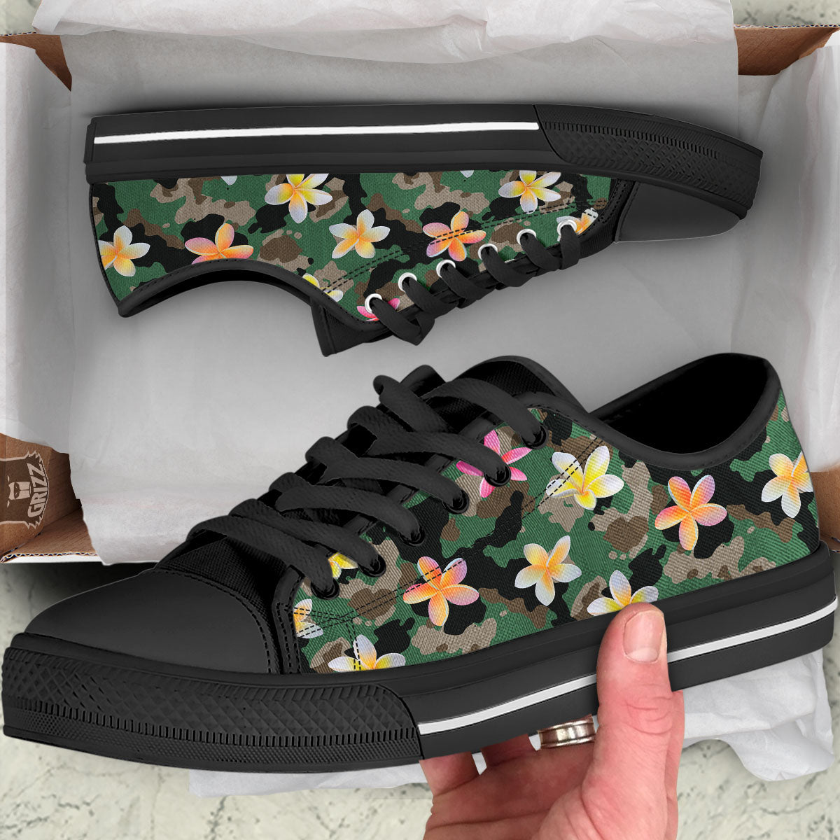 Camo Flower Military Green Print Pattern Black Low Top Shoes-grizzshop