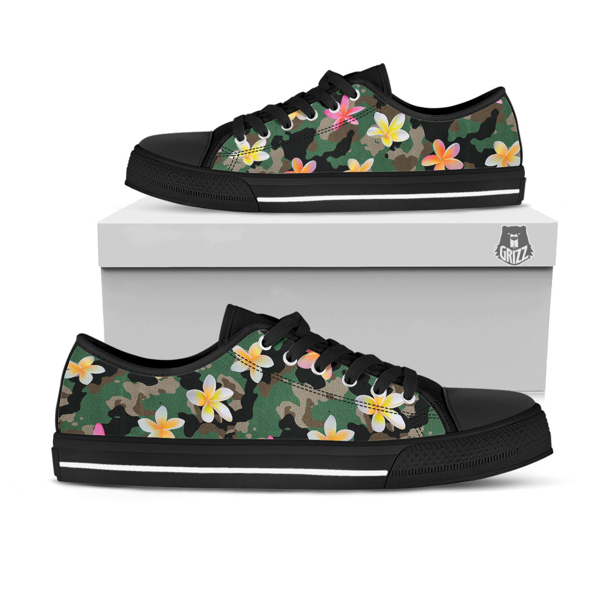 Camo Flower Military Green Print Pattern Black Low Top Shoes-grizzshop