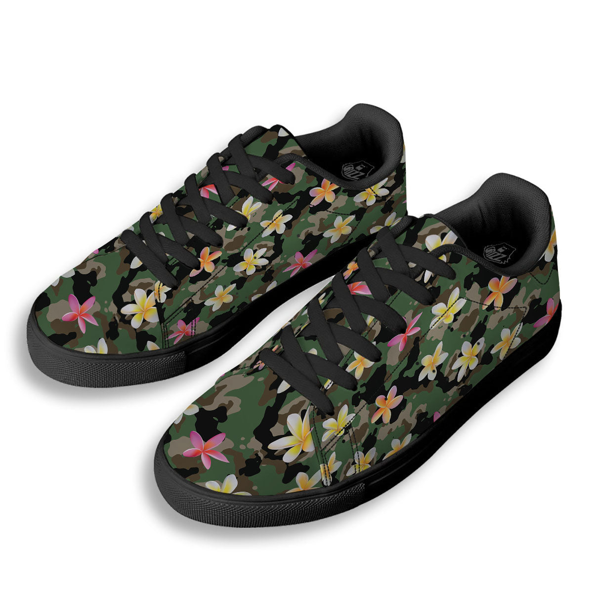 Camo Flower Military Green Print Pattern Black Low Top Sneakers-grizzshop