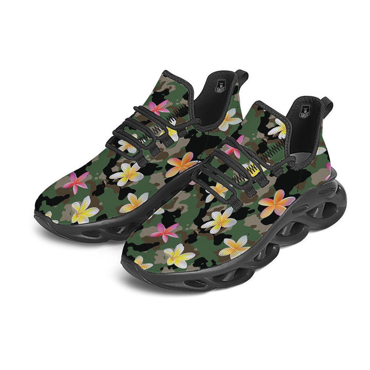 Camo Flower Military Green Print Pattern Black Running Shoes-grizzshop