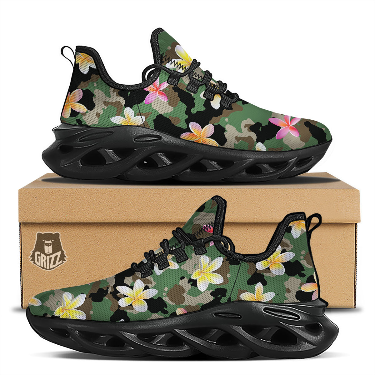 Camo Flower Military Green Print Pattern Black Running Shoes-grizzshop