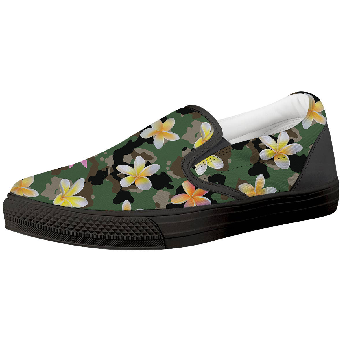 Camo Flower Military Green Print Pattern Black Slip On Shoes-grizzshop