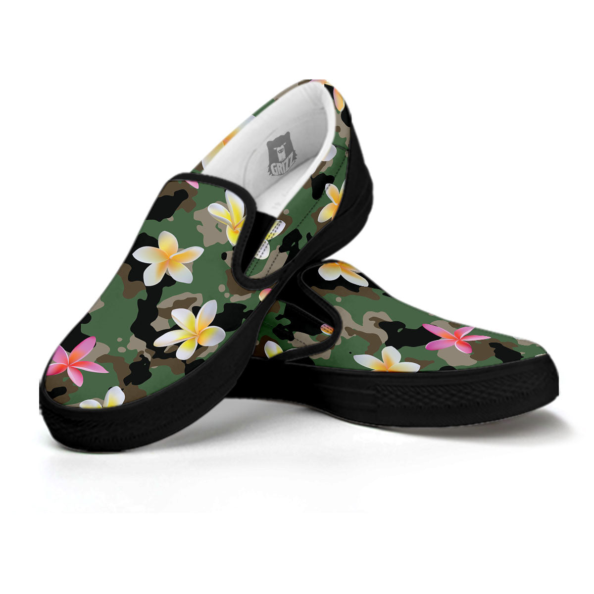 Camo Flower Military Green Print Pattern Black Slip On Shoes-grizzshop