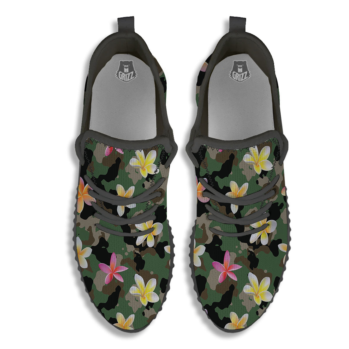 Camo Flower Military Green Print Pattern Black Walking Shoes-grizzshop