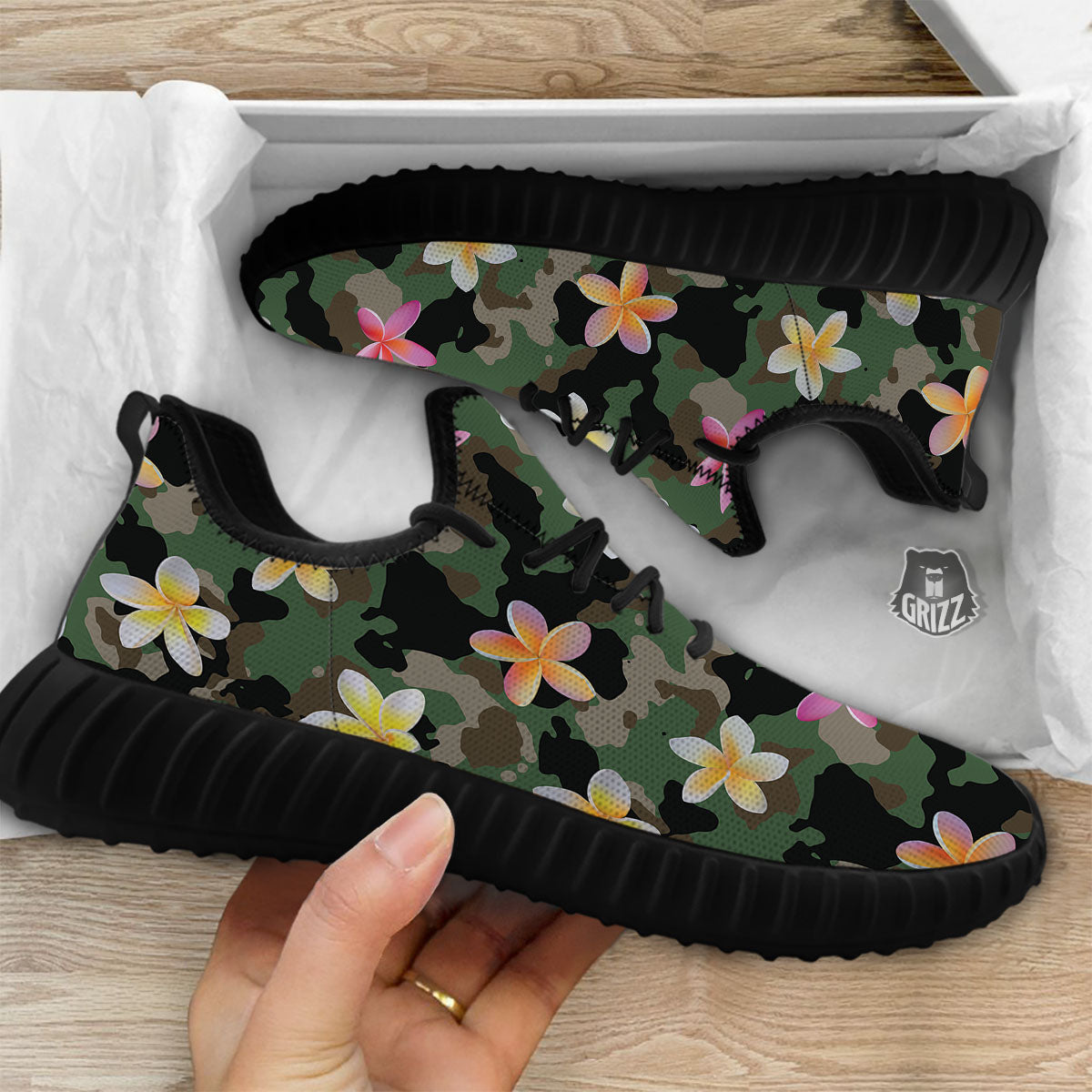 Camo Flower Military Green Print Pattern Black Walking Shoes-grizzshop