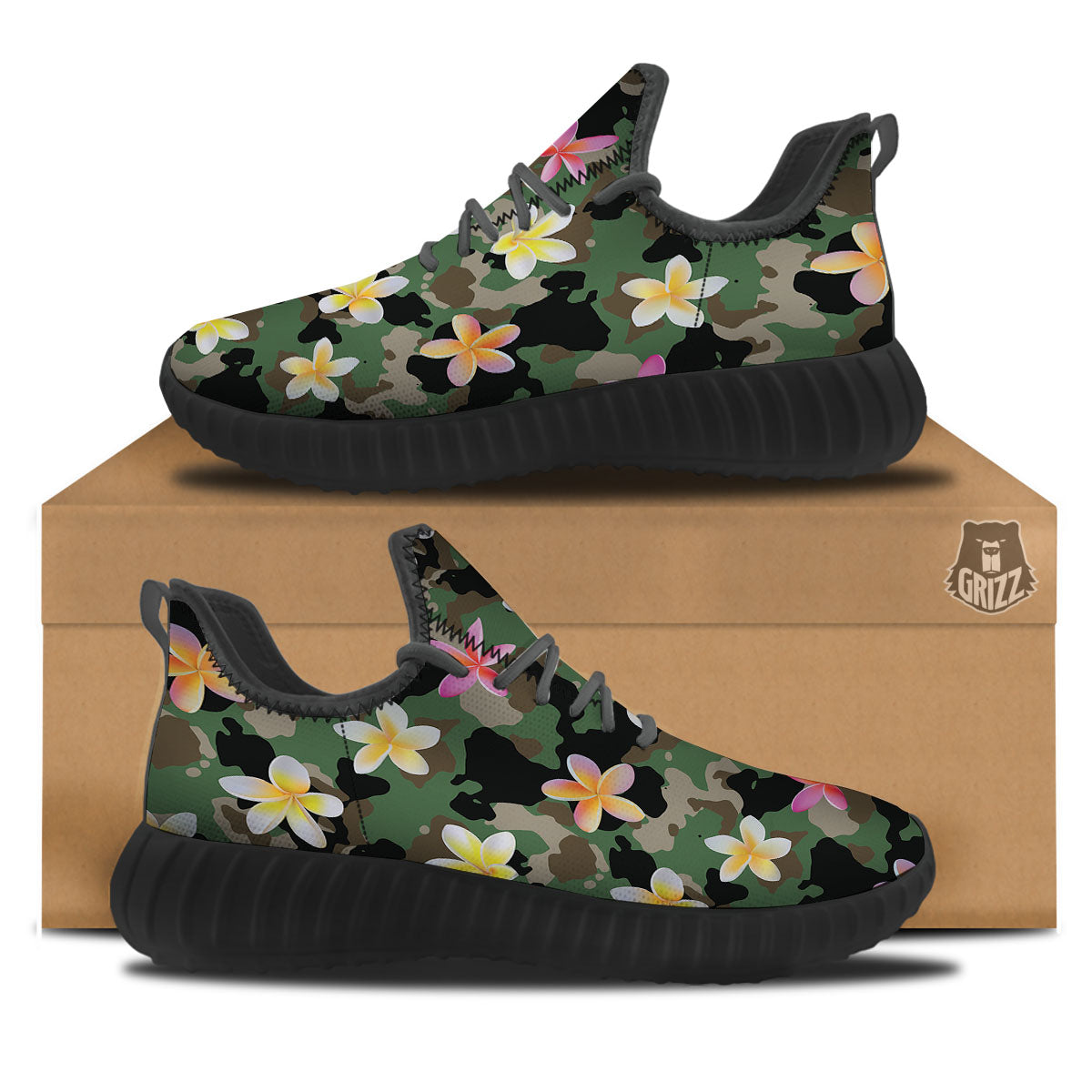 Camo Flower Military Green Print Pattern Black Walking Shoes-grizzshop