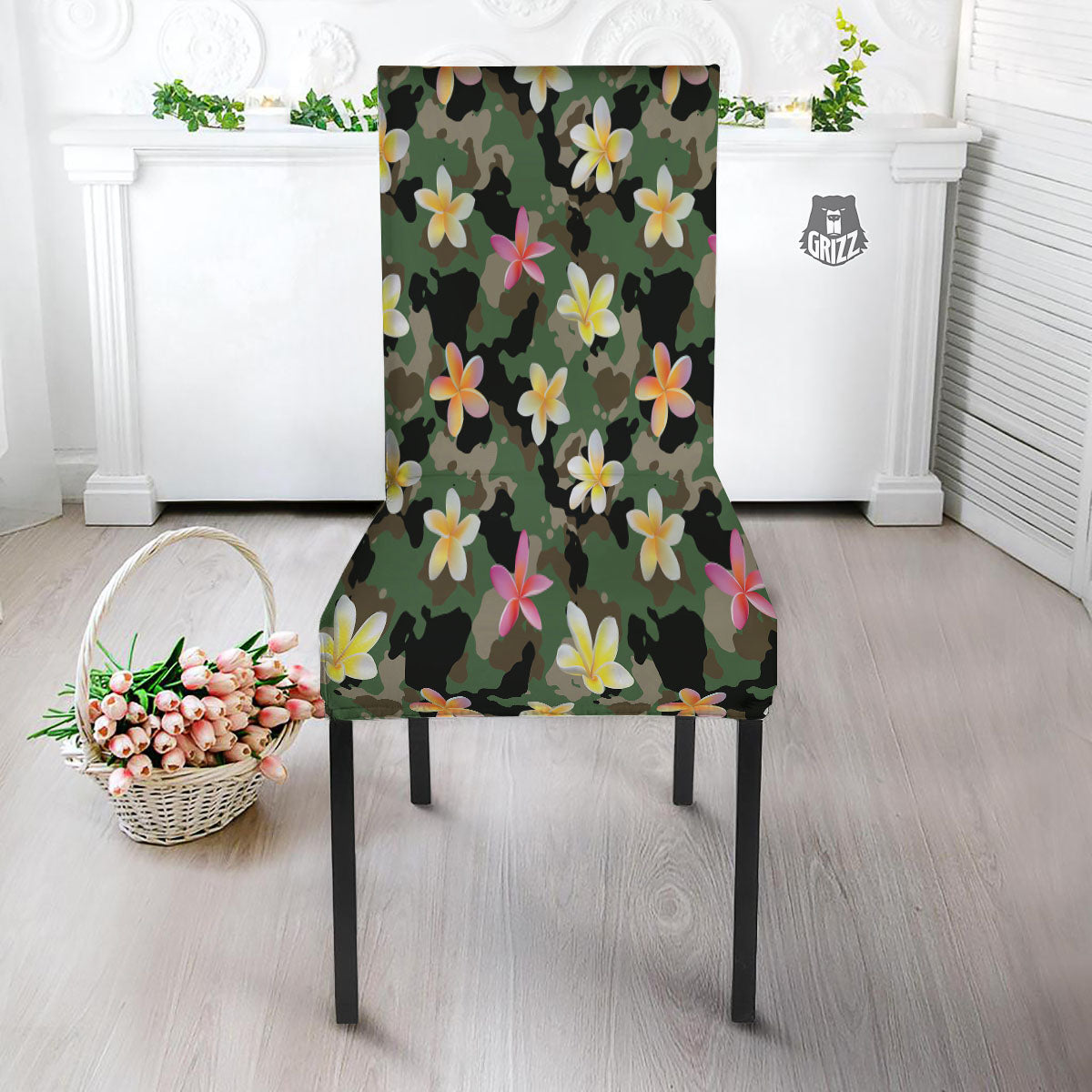 Camo Flower Military Green Print Pattern Dining Chair Slipcover-grizzshop