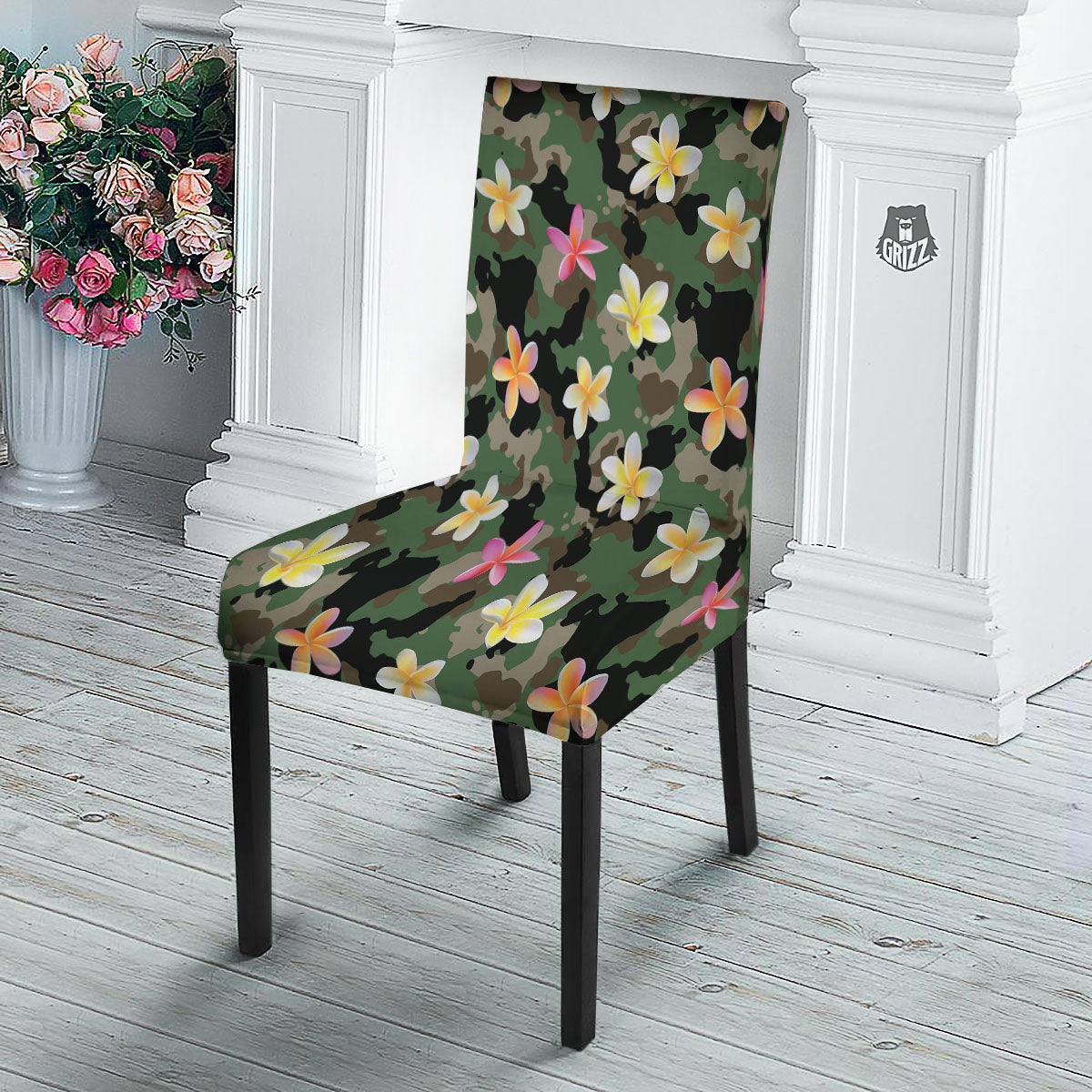 Camo Flower Military Green Print Pattern Dining Chair Slipcover-grizzshop