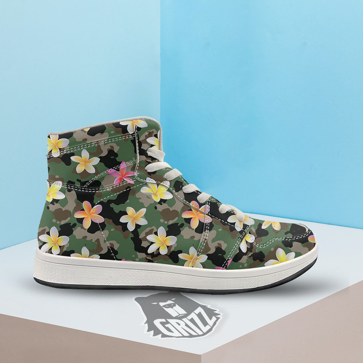 Camo Flower Military Green Print Pattern High Top Sneakers-grizzshop