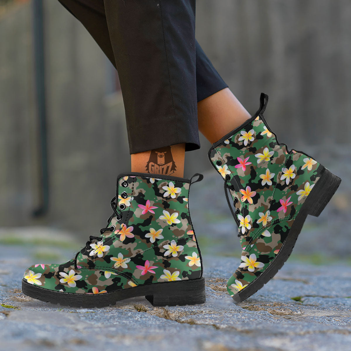 Camo Flower Military Green Print Pattern Leather Boots-grizzshop