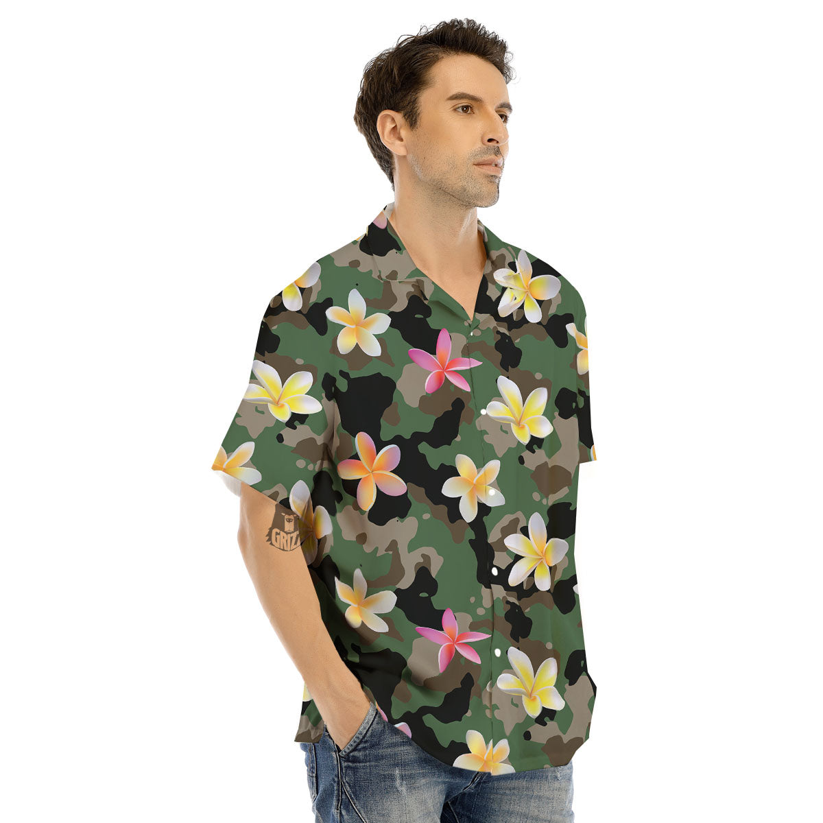 Camo Flower Military Green Print Pattern Men's Hawaiian Shirt-grizzshop