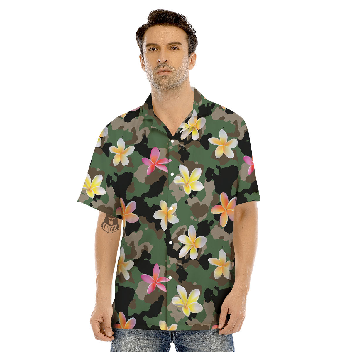 Camo Flower Military Green Print Pattern Men's Hawaiian Shirt-grizzshop