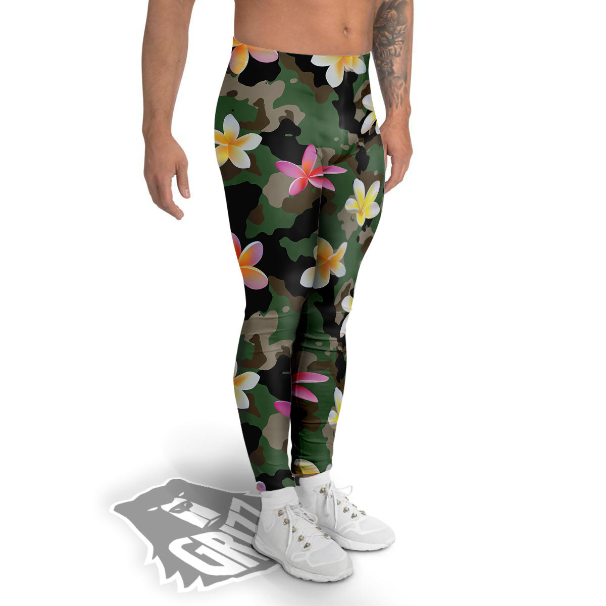 Camo Flower Military Green Print Pattern Men's Leggings-grizzshop