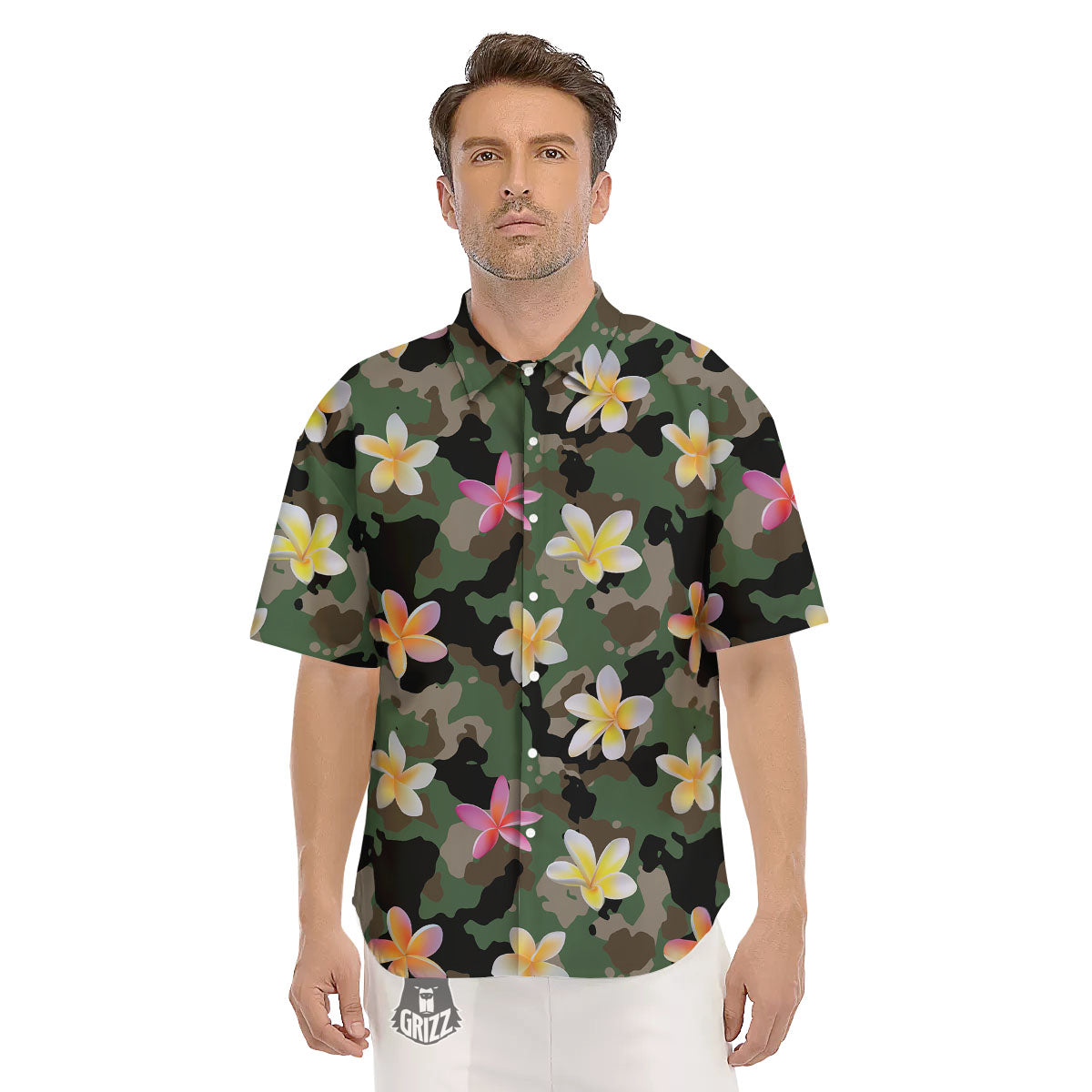 Camo Flower Military Green Print Pattern Men's Short Sleeve Shirts-grizzshop