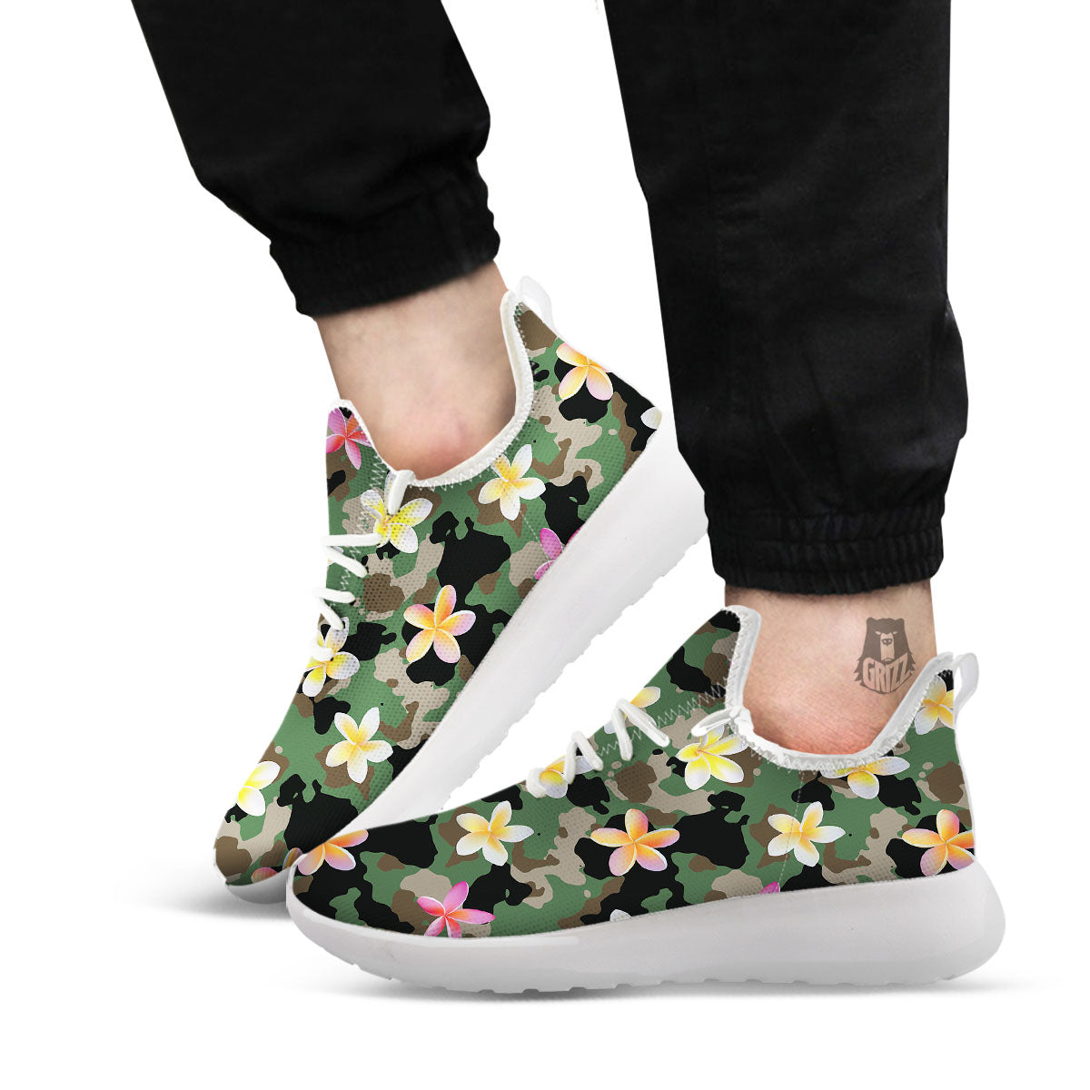 Camo Flower Military Green Print Pattern White Athletic Shoes-grizzshop