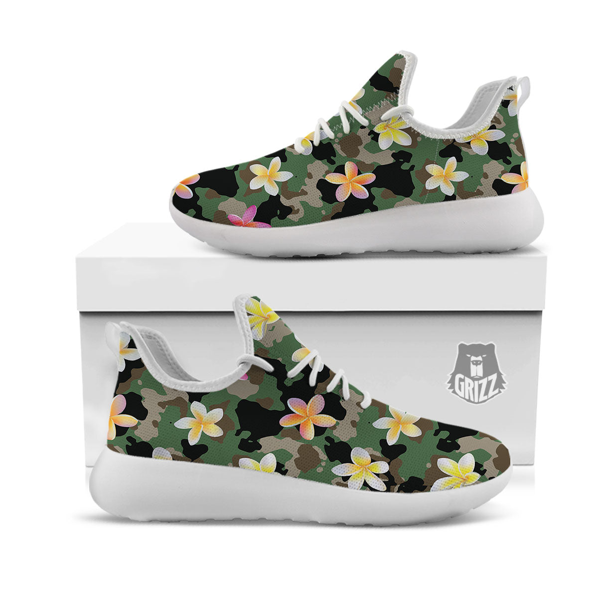 Camo Flower Military Green Print Pattern White Athletic Shoes-grizzshop