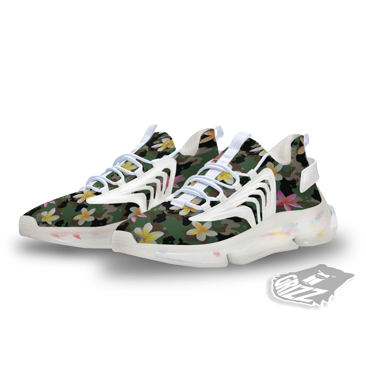 Camo Flower Military Green Print Pattern White Gym Shoes-grizzshop