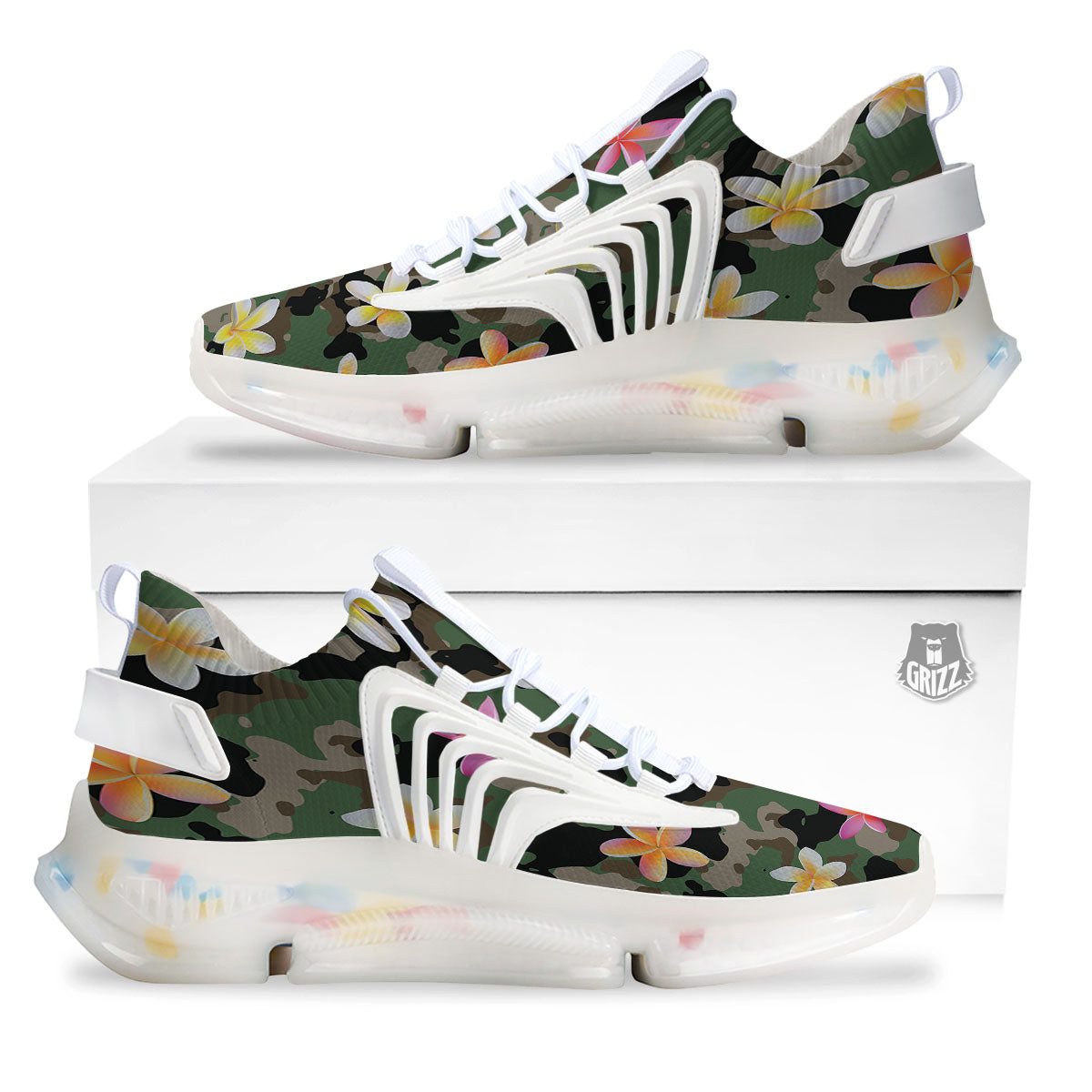 Camo Flower Military Green Print Pattern White Gym Shoes-grizzshop