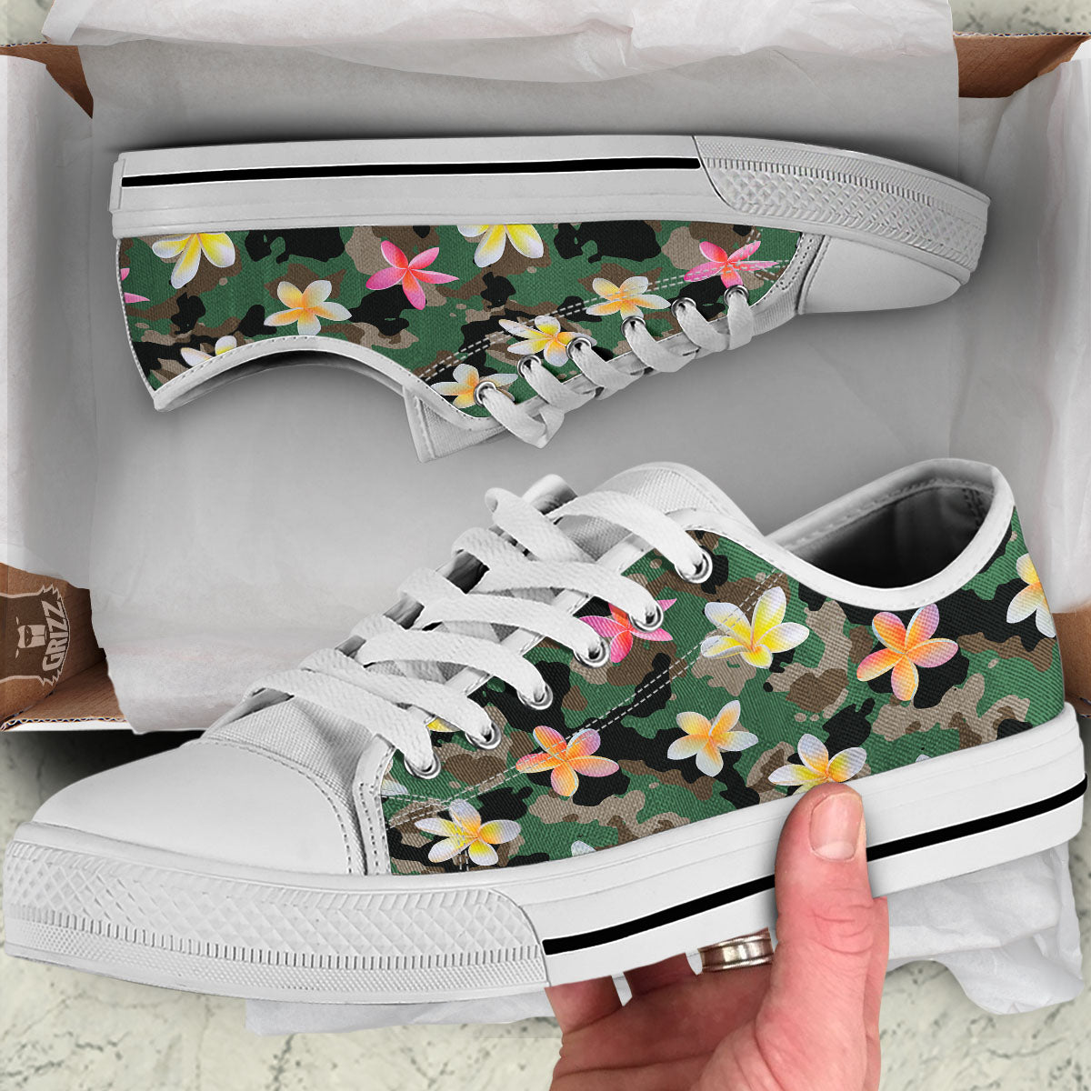 Camo Flower Military Green Print Pattern White Low Top Shoes-grizzshop