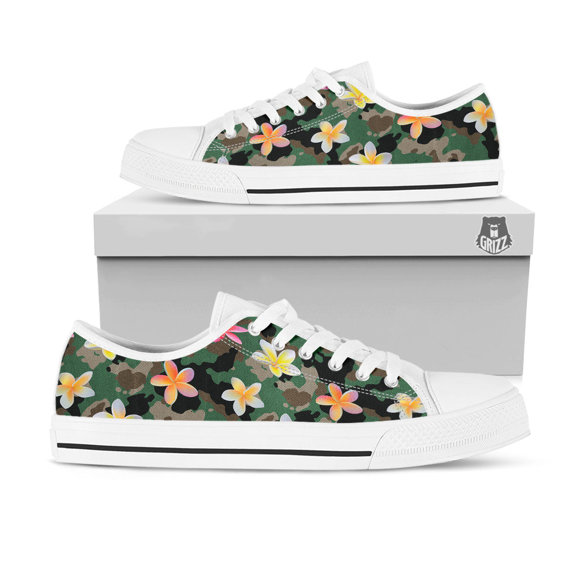Camo Flower Military Green Print Pattern White Low Top Shoes-grizzshop