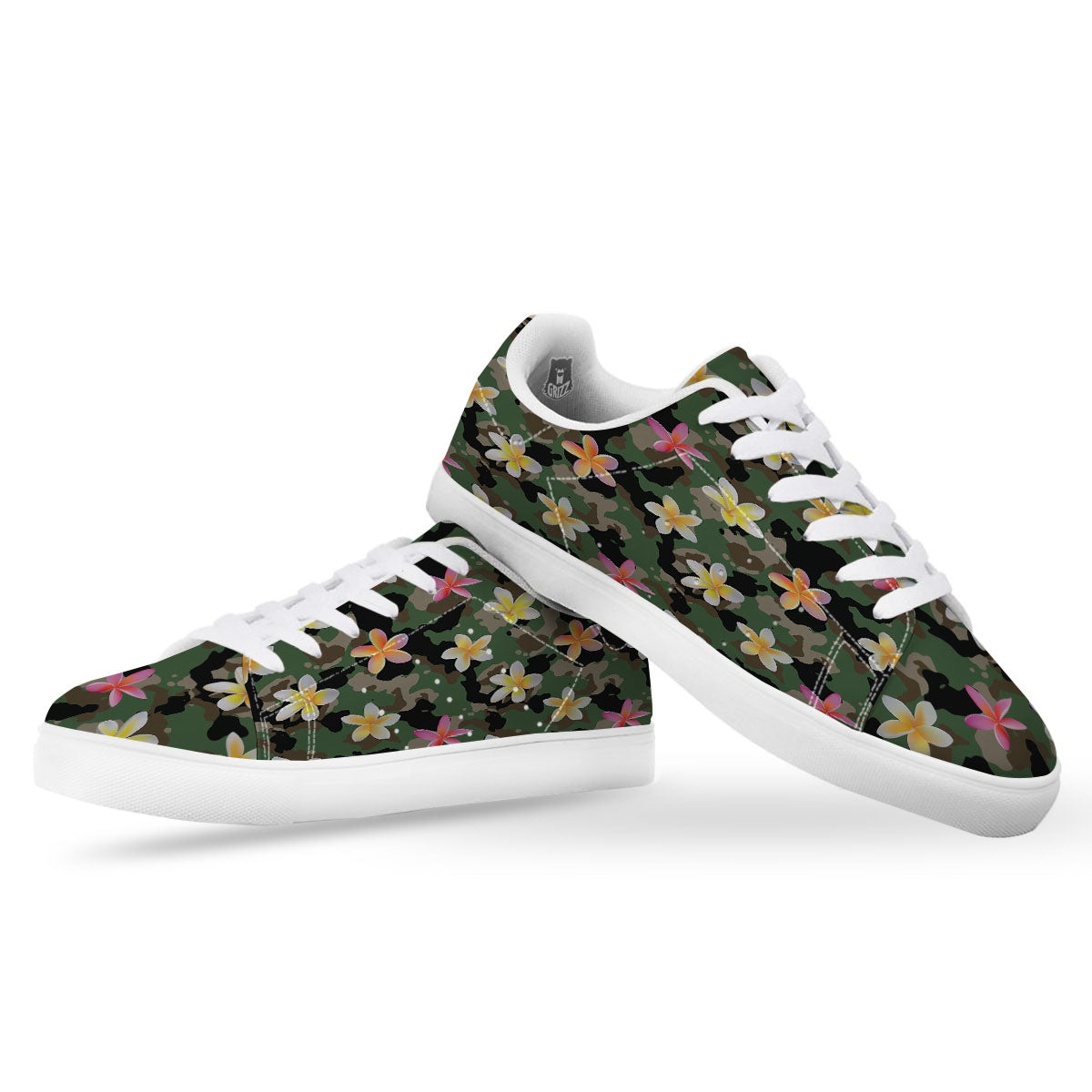 Camo Flower Military Green Print Pattern White Low Top Sneakers-grizzshop