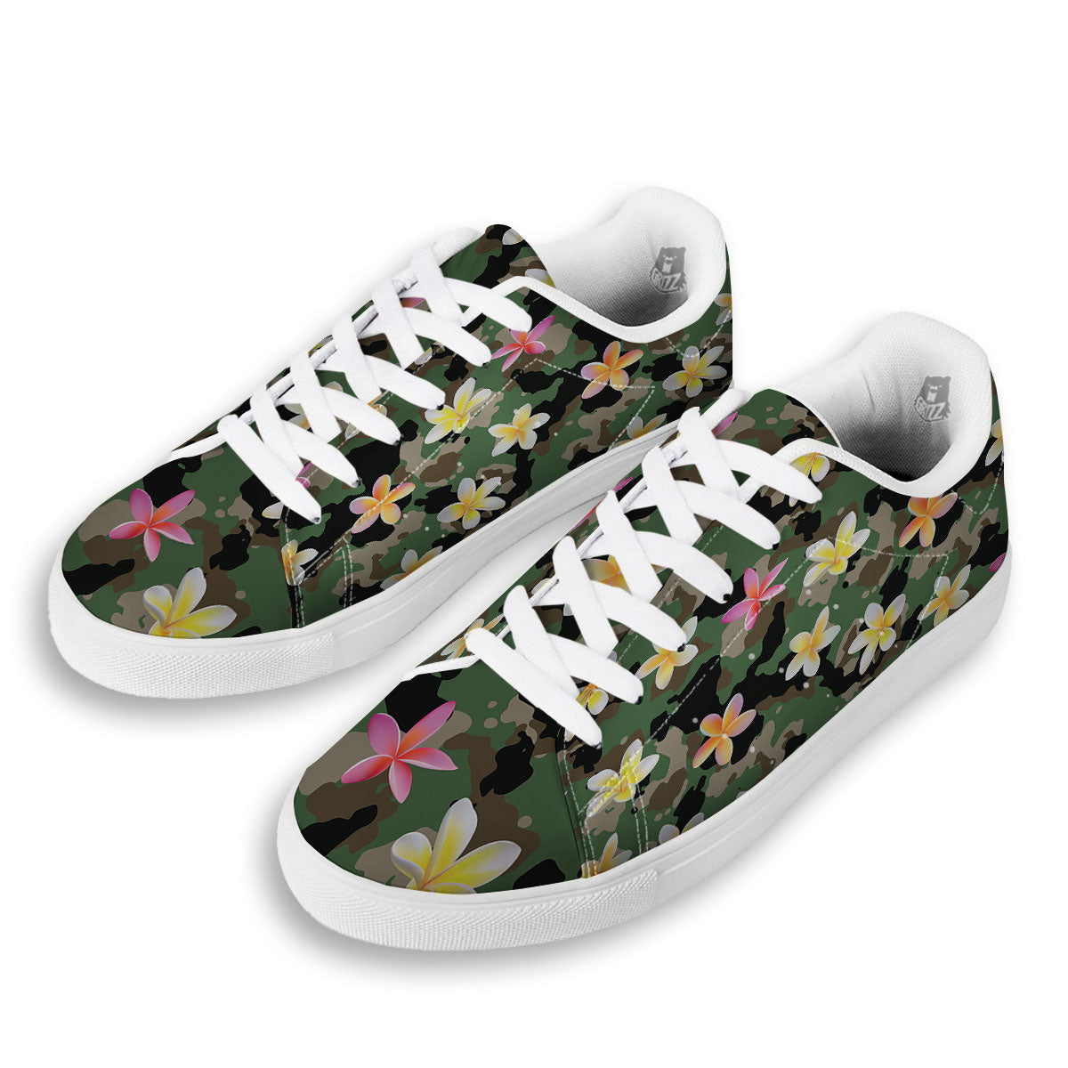 Camo Flower Military Green Print Pattern White Low Top Sneakers-grizzshop