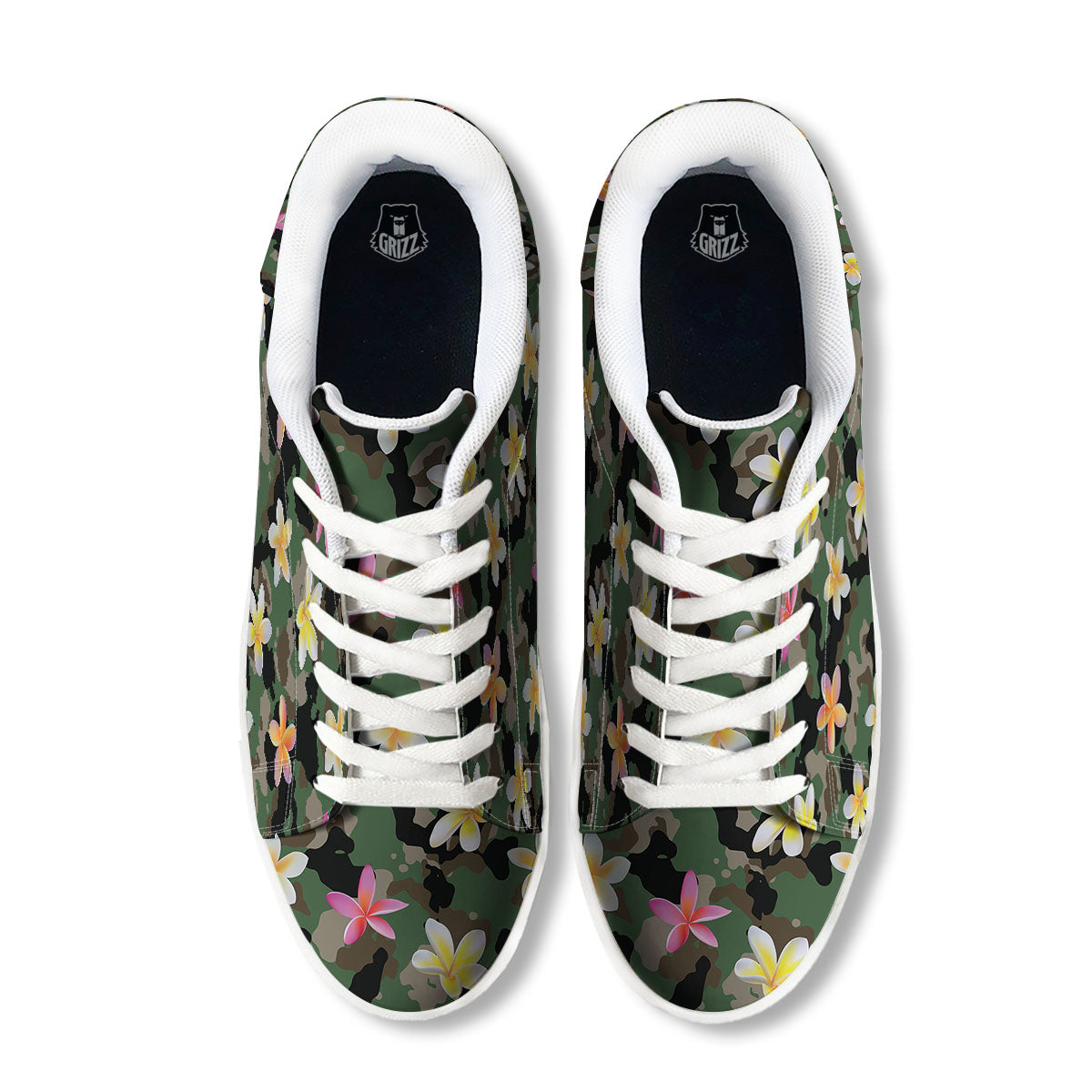 Camo Flower Military Green Print Pattern White Low Top Sneakers-grizzshop