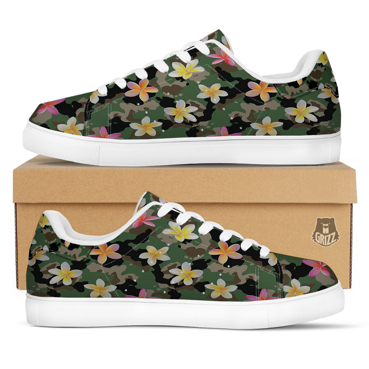 Camo Flower Military Green Print Pattern White Low Top Sneakers-grizzshop