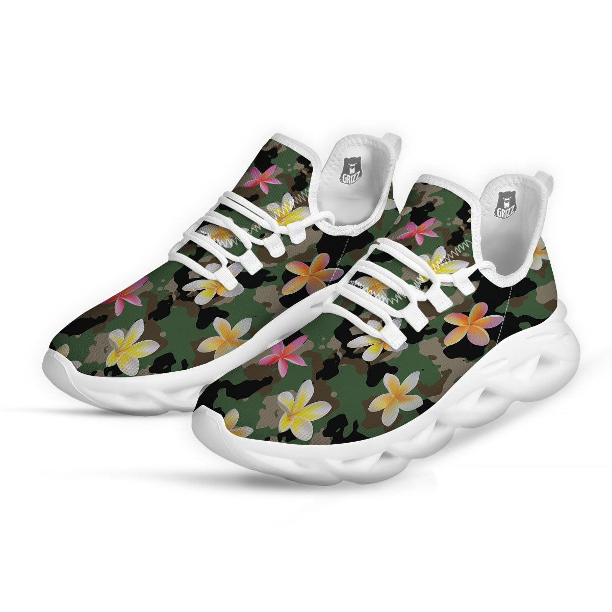 Camo Flower Military Green Print Pattern White Running Shoes-grizzshop