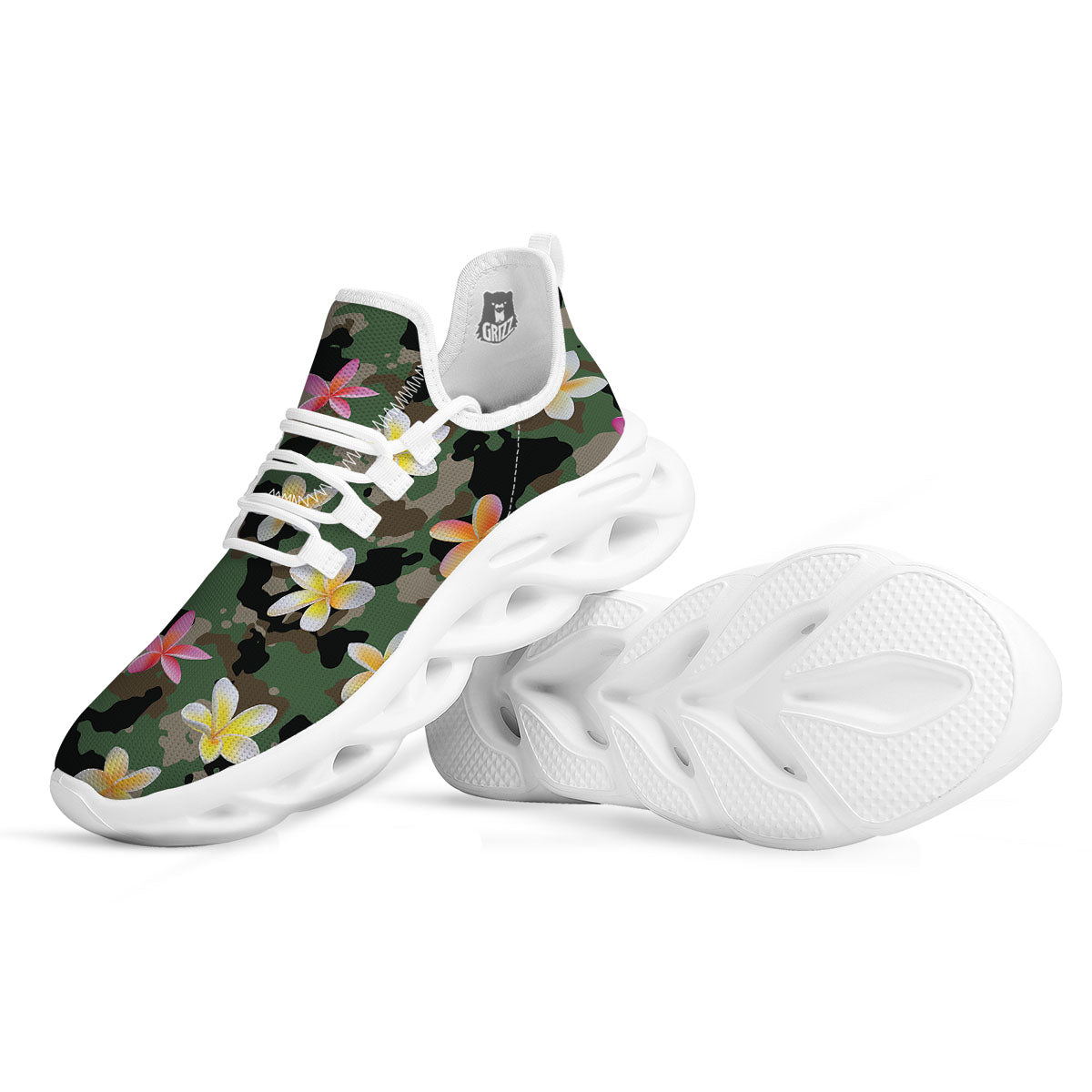 Camo Flower Military Green Print Pattern White Running Shoes-grizzshop