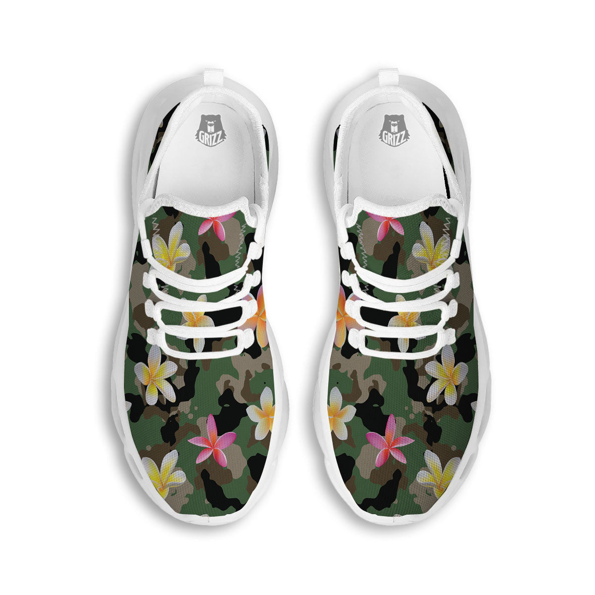 Camo Flower Military Green Print Pattern White Running Shoes-grizzshop