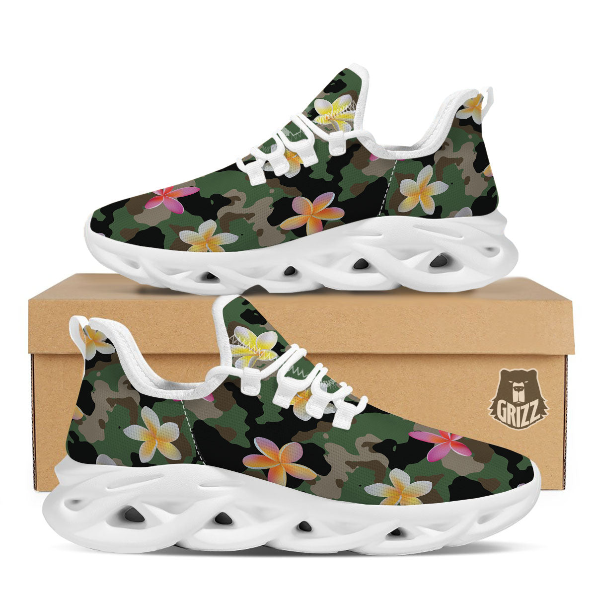 Camo Flower Military Green Print Pattern White Running Shoes-grizzshop