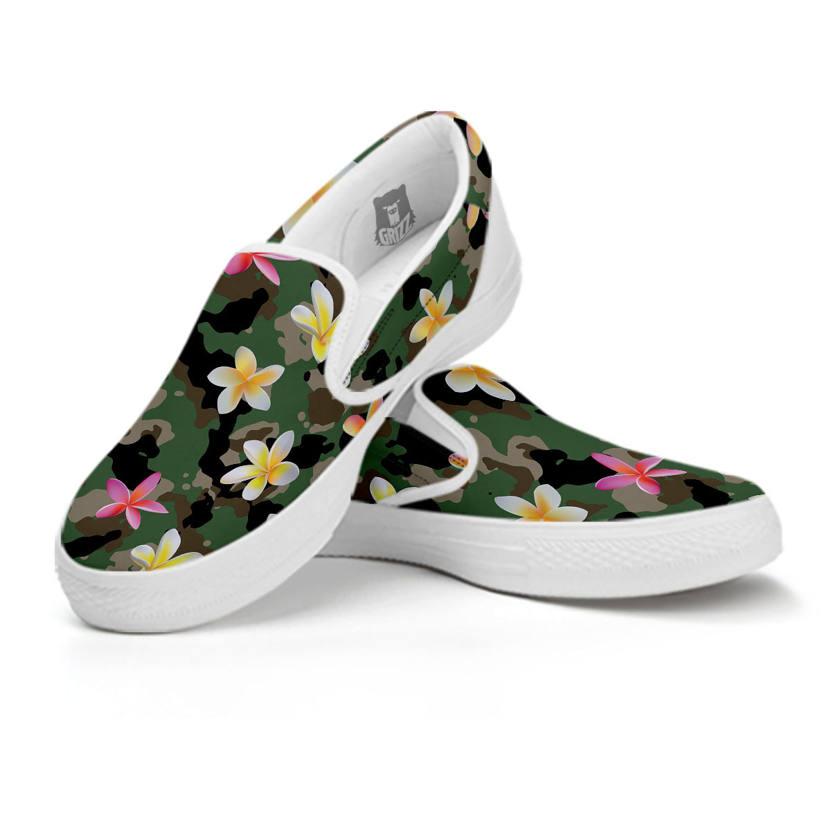 Camo Flower Military Green Print Pattern White Slip On Shoes-grizzshop