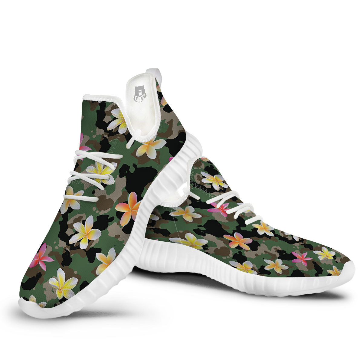 Camo Flower Military Green Print Pattern White Walking Shoes-grizzshop