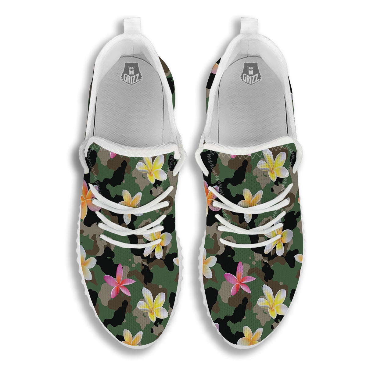 Camo Flower Military Green Print Pattern White Walking Shoes-grizzshop