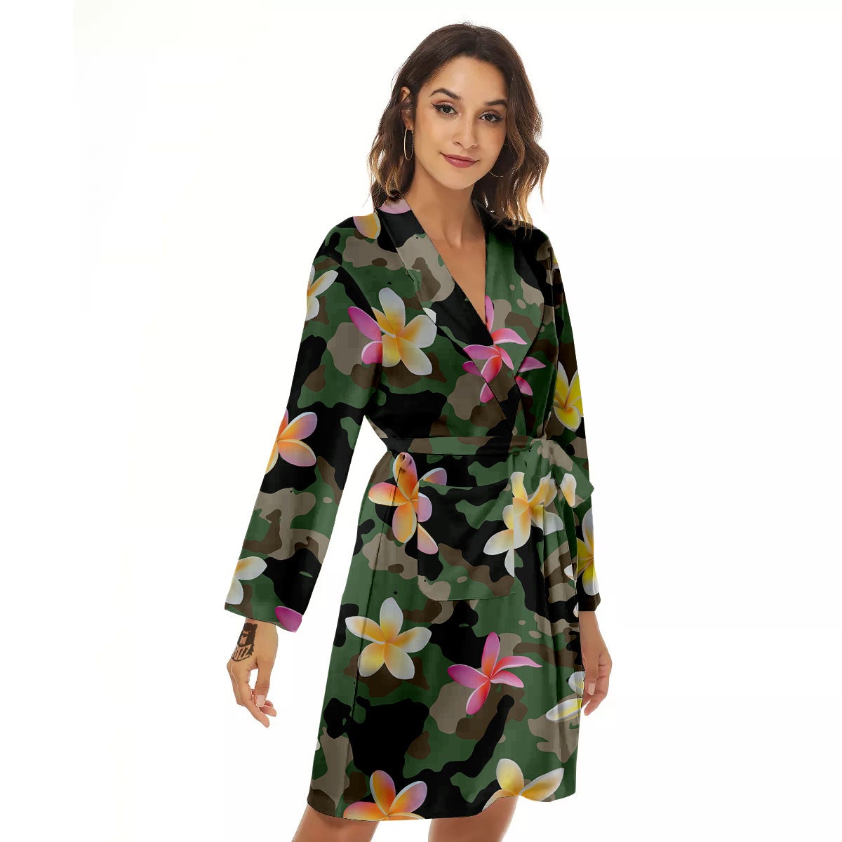 Camo Flower Military Green Print Pattern Women's Robe-grizzshop