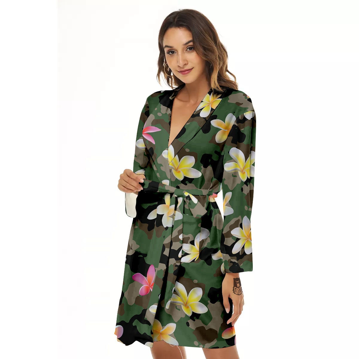 Camo Flower Military Green Print Pattern Women's Robe-grizzshop