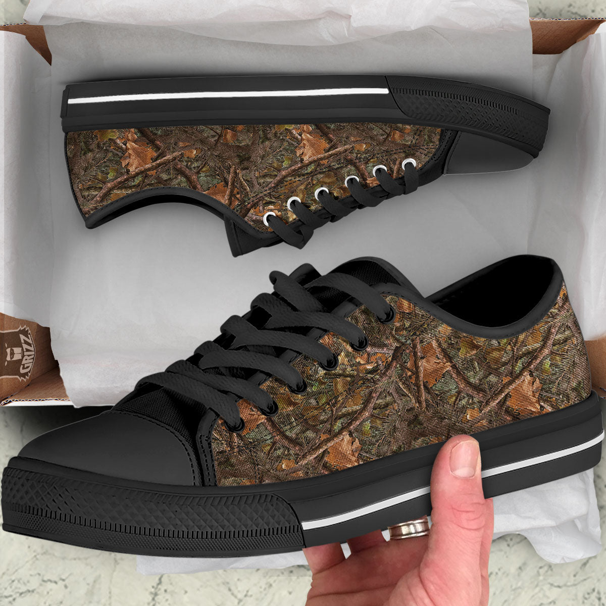 Camo Hunting Print Pattern Black Low Top Shoes-grizzshop