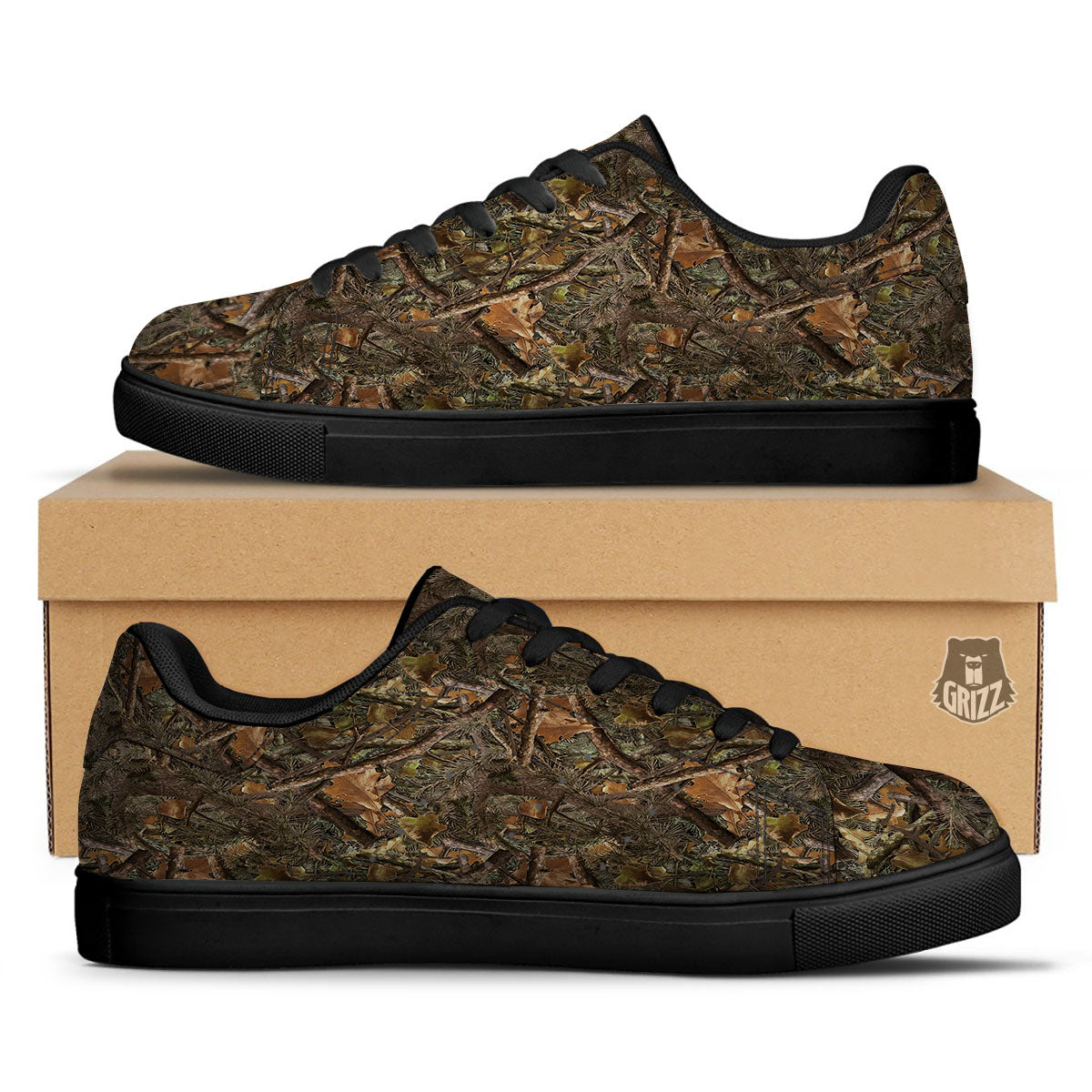 Camo Hunting Print Pattern Black Low Top Sneakers-grizzshop
