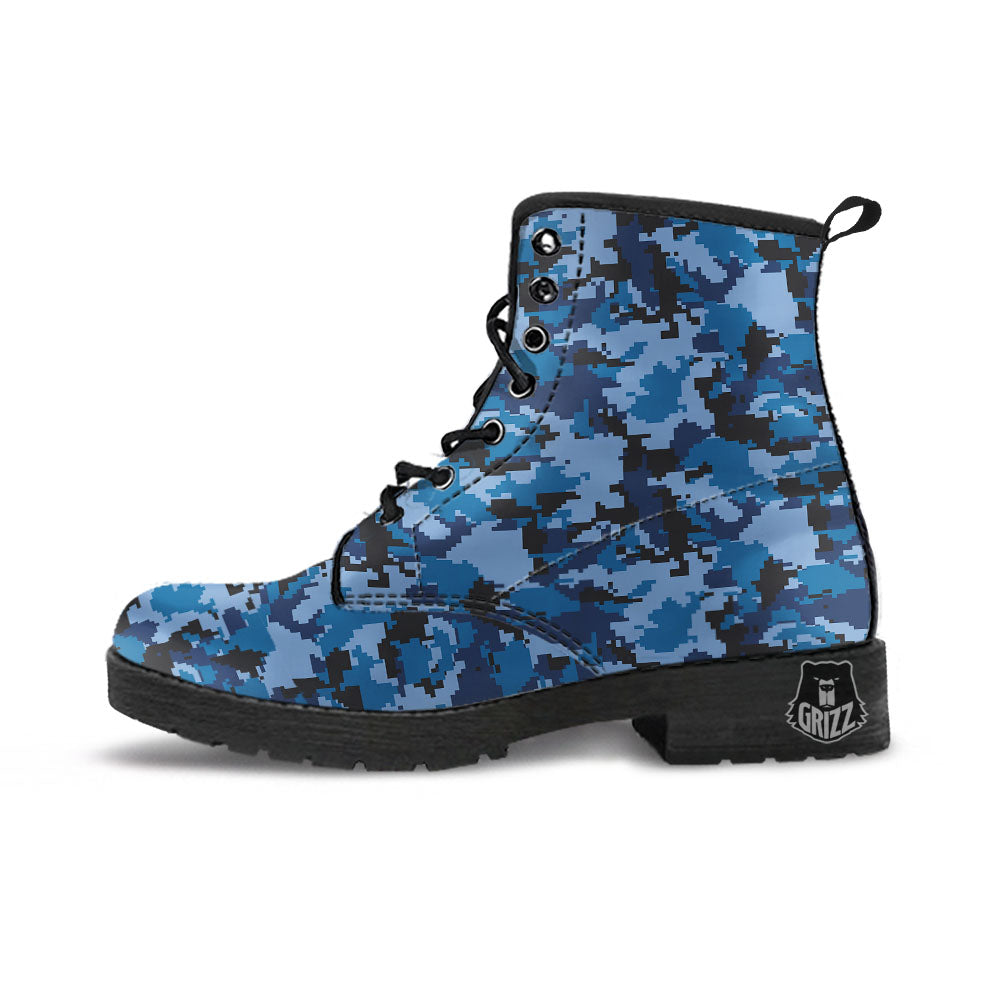 Camo Navy Digital Print Pattern Leather Boots-grizzshop