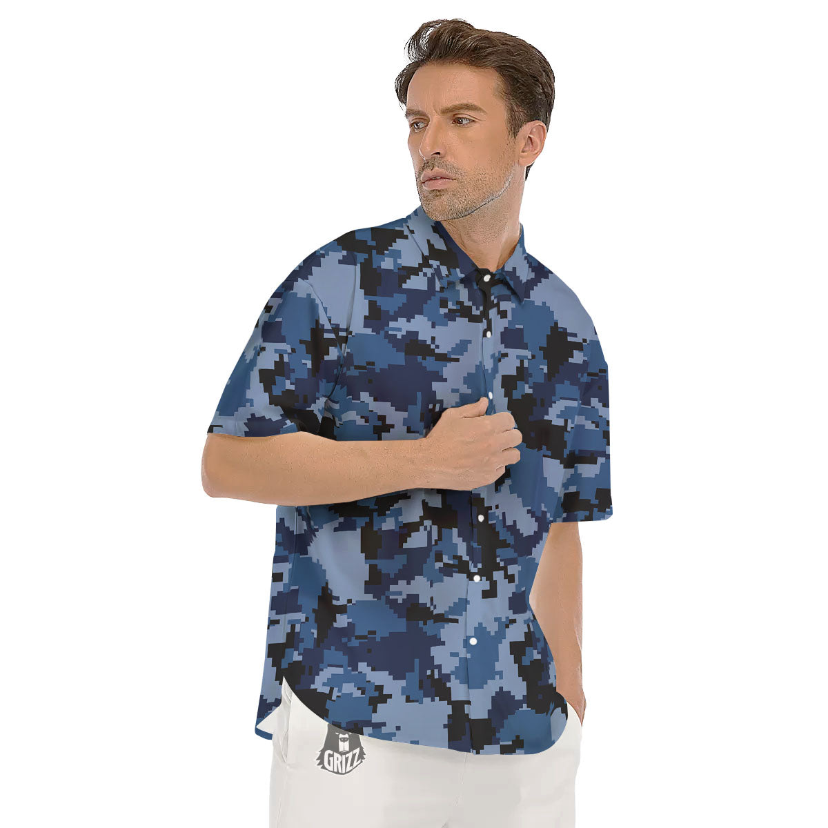 Camo Navy Digital Print Pattern Men's Short Sleeve Shirts-grizzshop