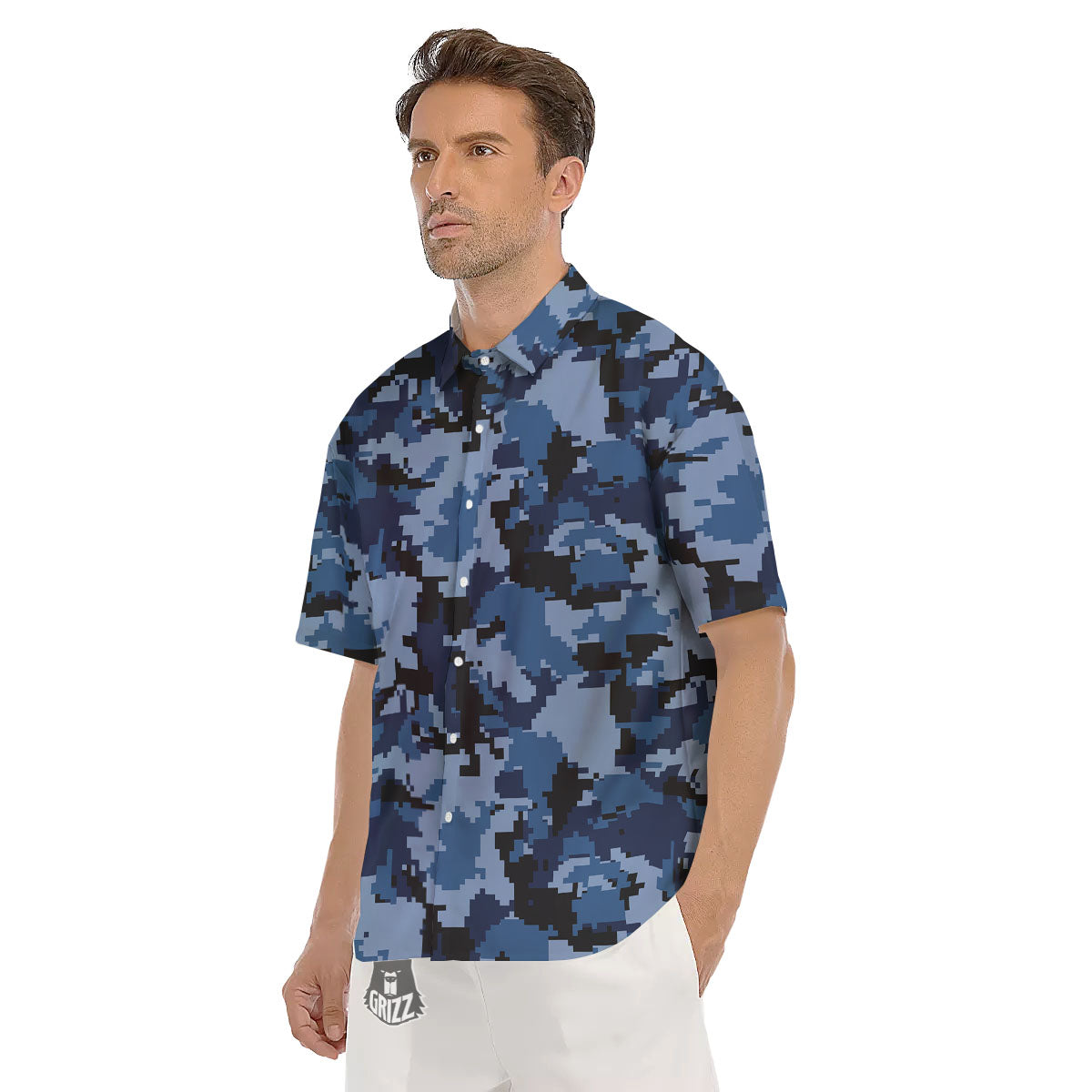 Camo Navy Digital Print Pattern Men's Short Sleeve Shirts-grizzshop