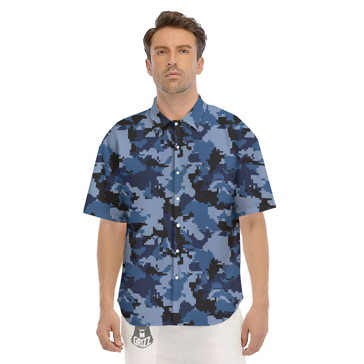 Camo Navy Digital Print Pattern Men's Short Sleeve Shirts-grizzshop