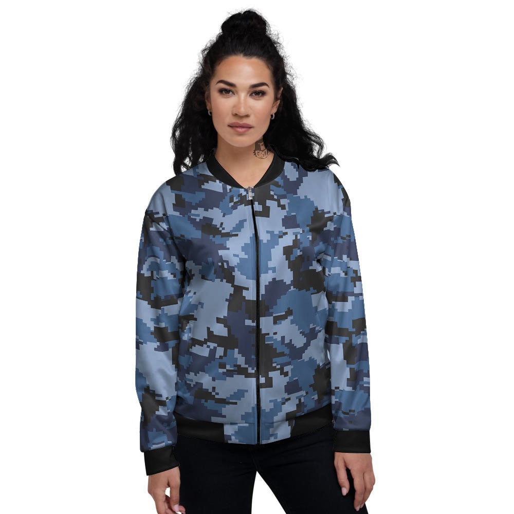 Camo Navy Digital Print Pattern Women's Bomber Jacket-grizzshop