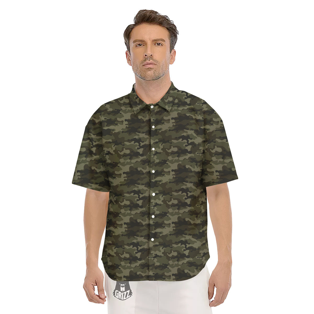 Camouflage Army Green Print Men's Short Sleeve Shirts-grizzshop